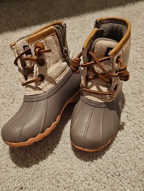 Sperry Kids Gray and Tan Waterproof Duck Boots with Lace Detail